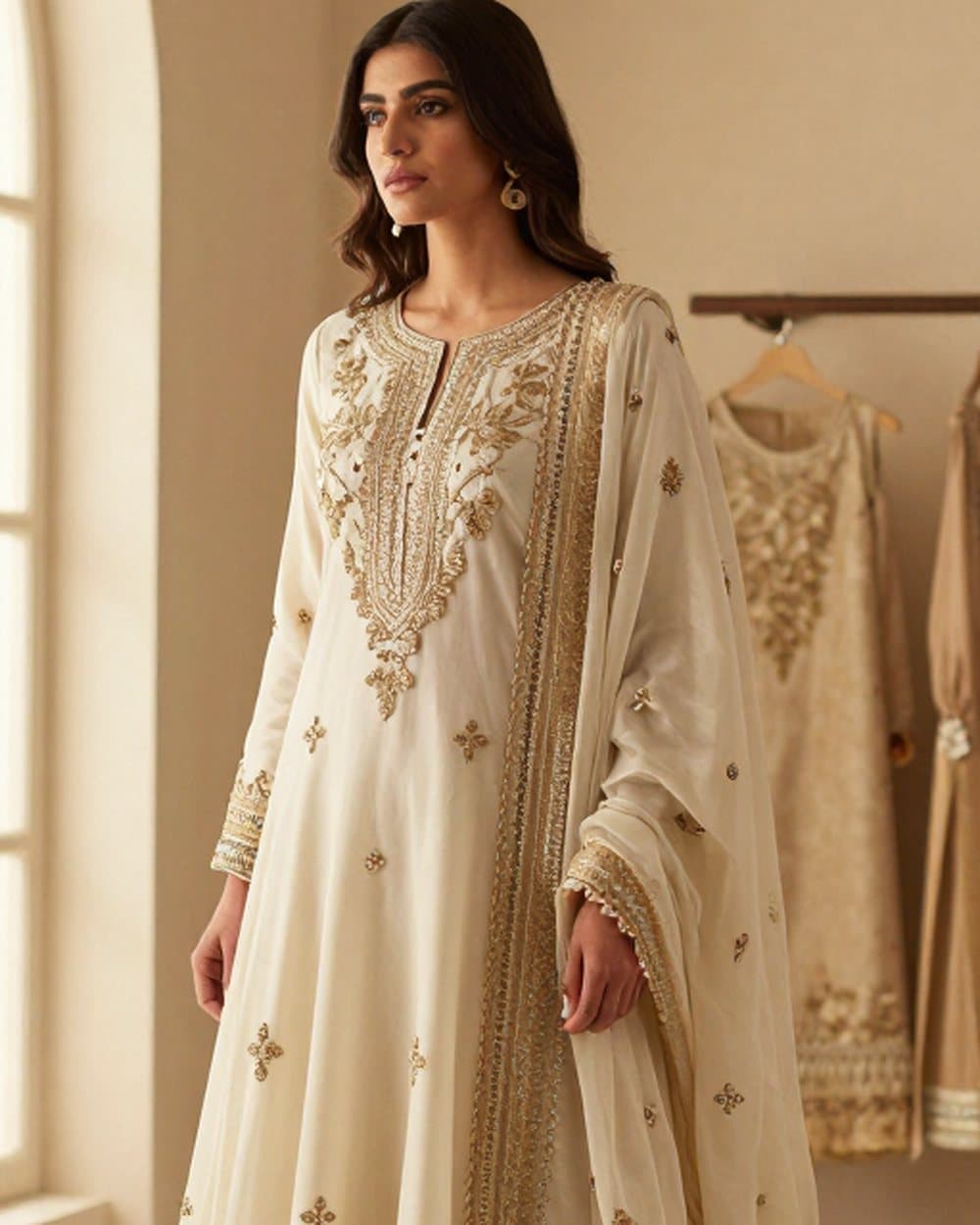 Ivory anarkali with gold work — Made-to-Order