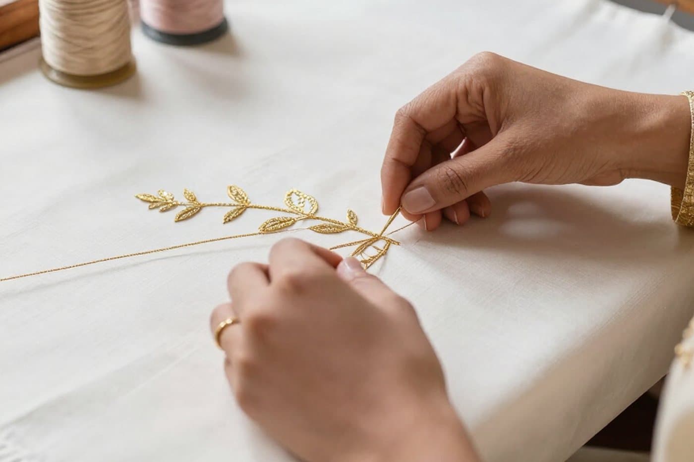 A custom motif being embroidered by hand at Light & Grace in Lahore