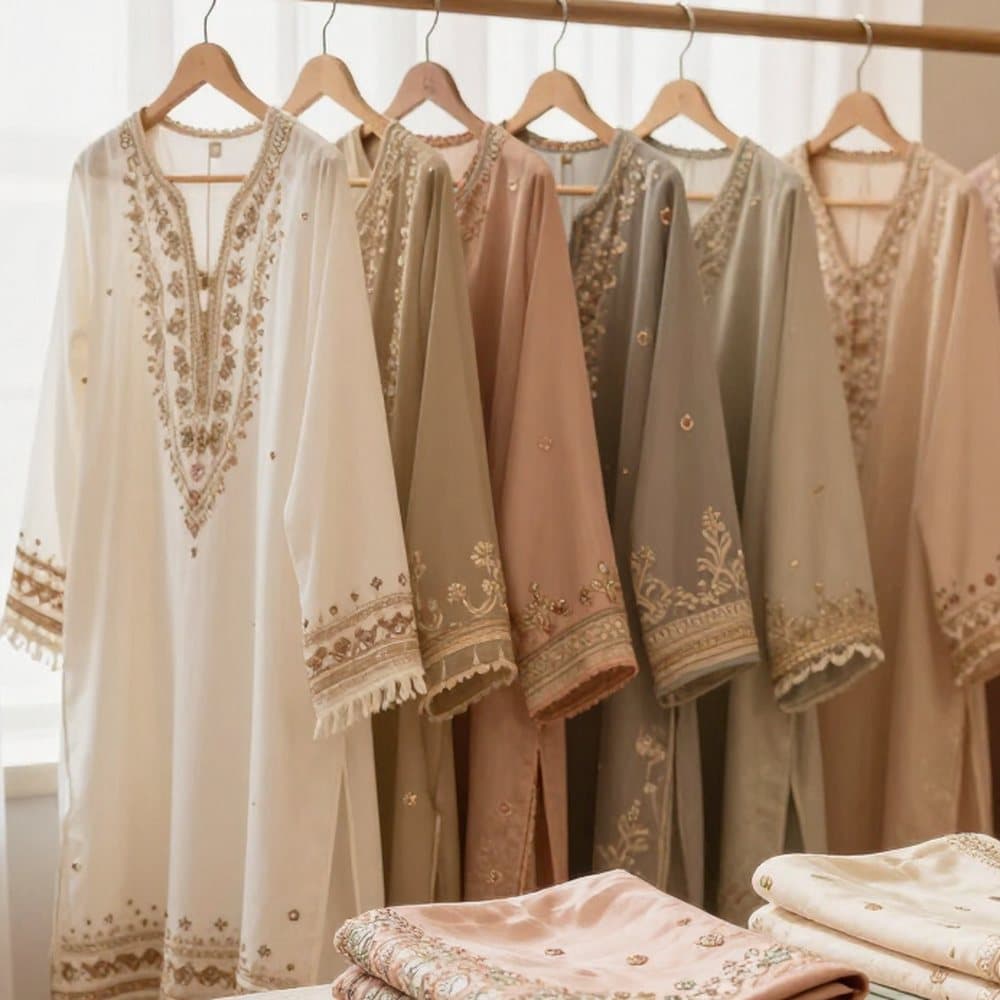 A rail of ivory and blush garments inside the boutique