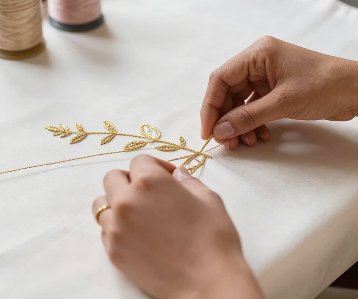 Gold leaf motif embroidered by hand on ivory fabric stretched over a frame