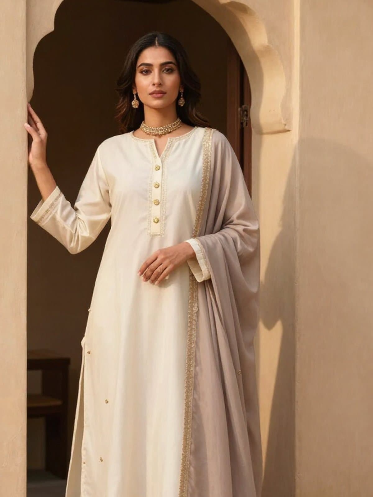 Ivory kurta with covered buttons and gold trim, photographed in daylight