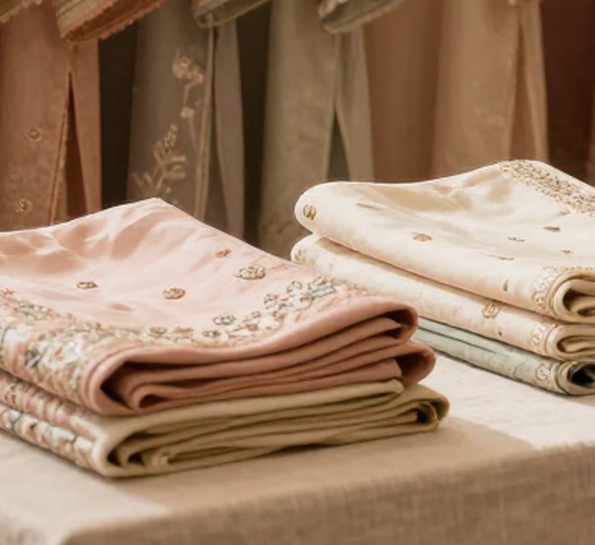Folded embroidered fabrics in blush, ivory and sage on a linen-covered table